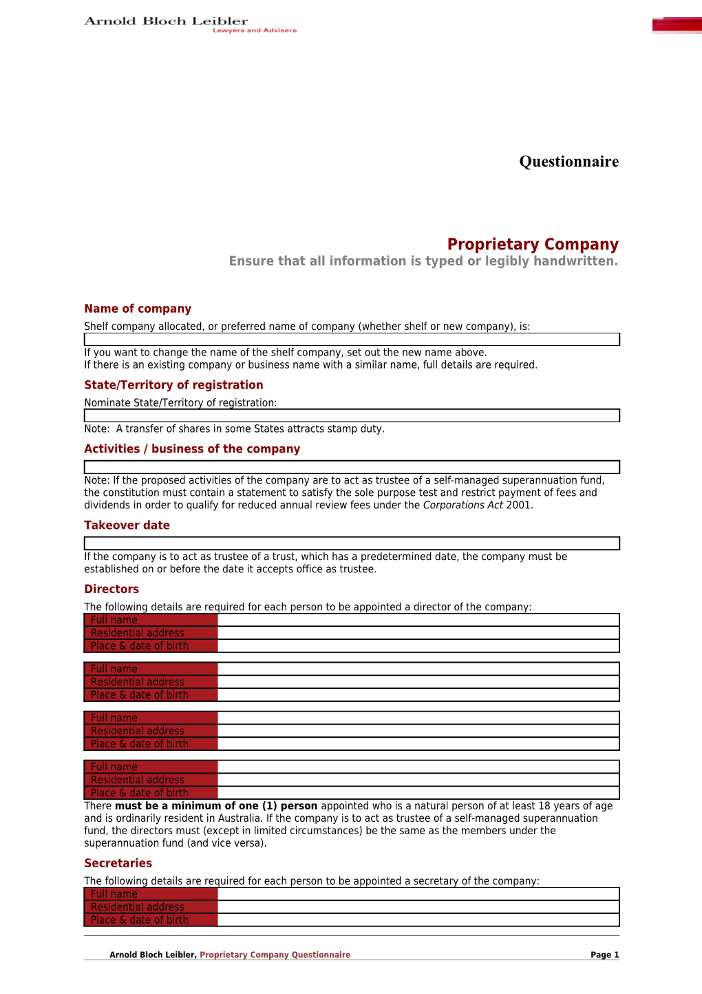 Arnold Bloch Leibler, Proprietary Company Questionnairepage 1