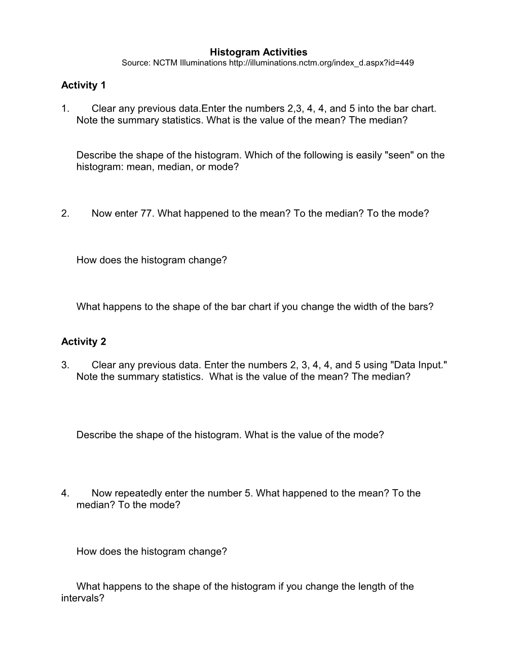 Exploring Histograms Activities