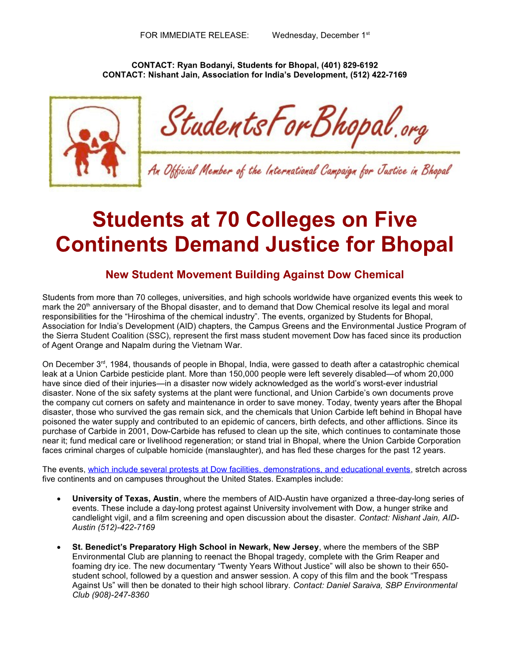 CONTACT: Ryan Bodanyi, Students for Bhopal, (401) 829-6192