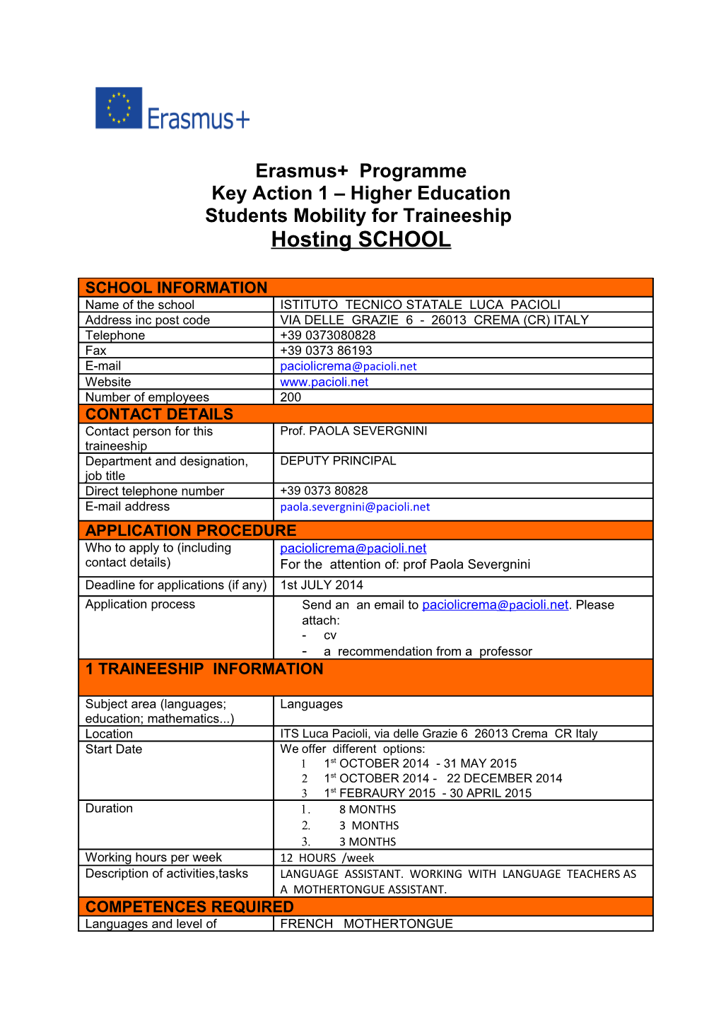 Erasmus Student Work Placement in the UK