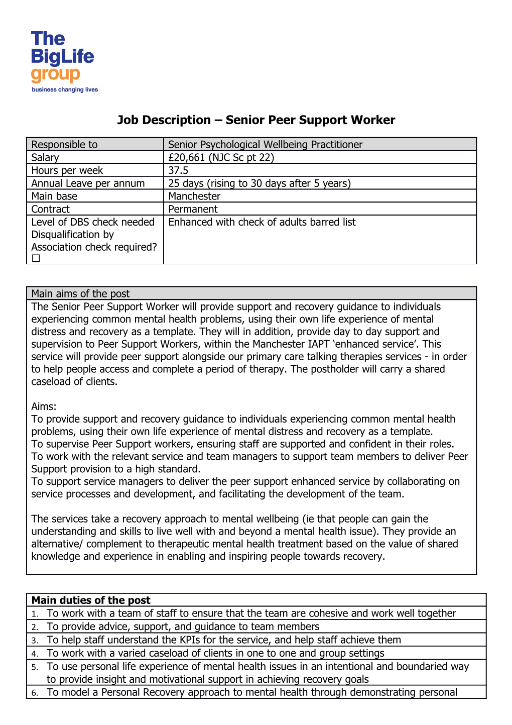 Job Description Senior Peer Support Worker