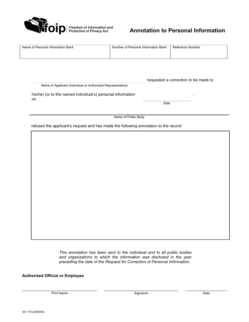 Annotation to Personal Information Form