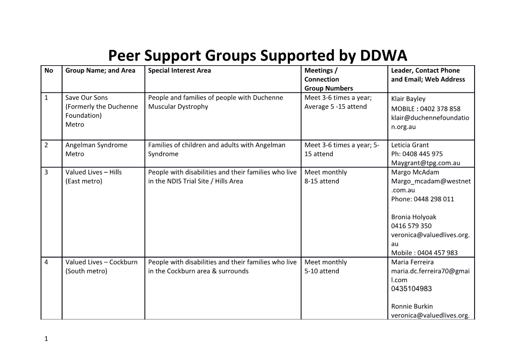 Peer Support Groups Supported by DDWA