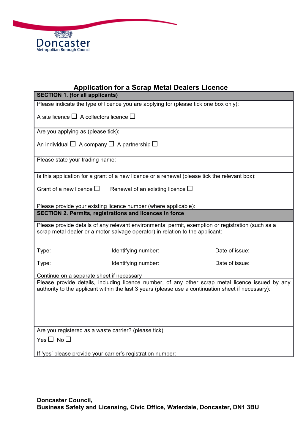 Application for a Scrap Metal Dealers Licence