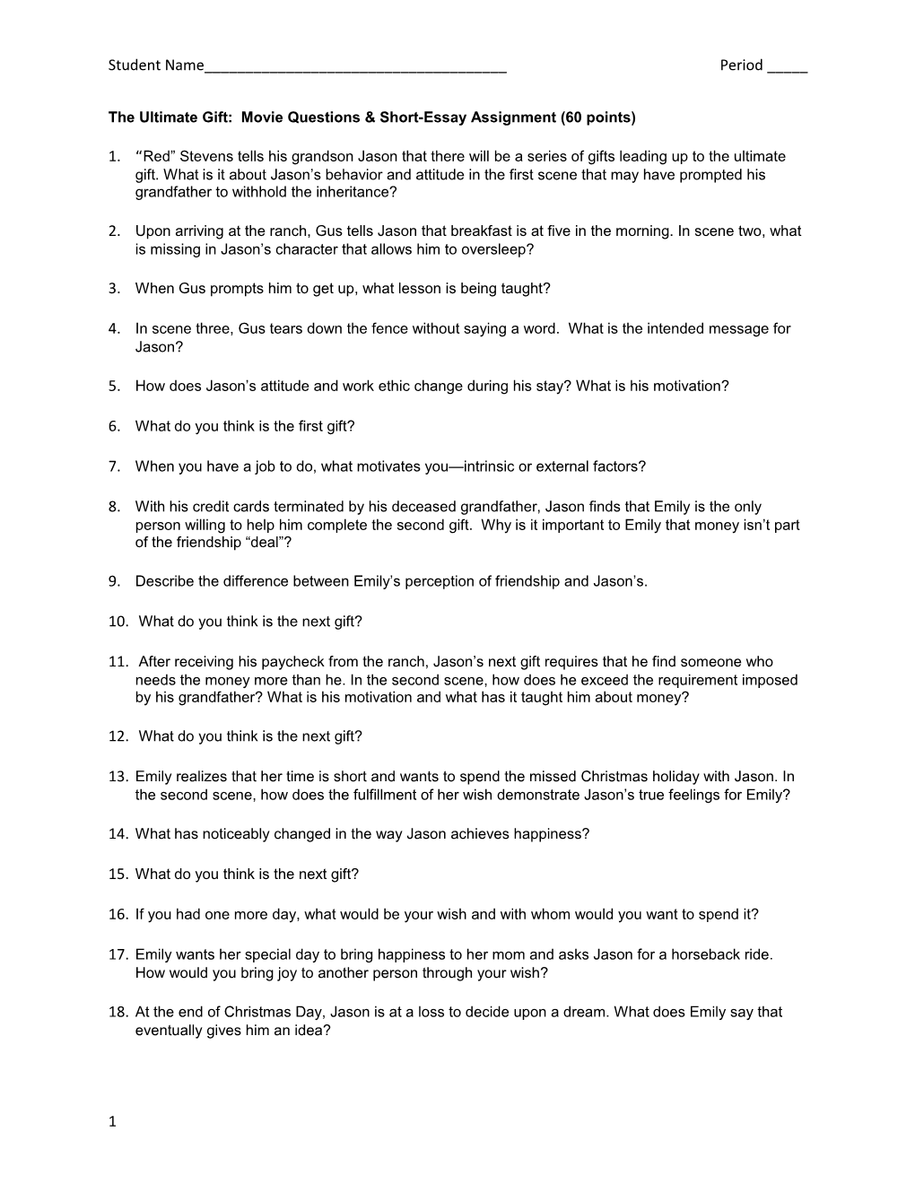 The Ultimate Gift: Movie Questions & Short-Essay Assignment (60 Points)