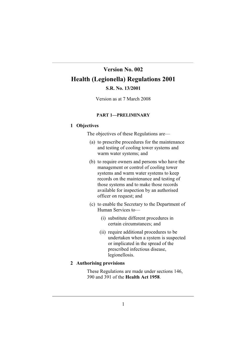 Health (Legionella) Regulations 2001