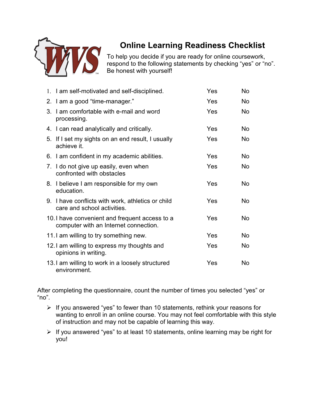On-Line Learning Readiness Checklist