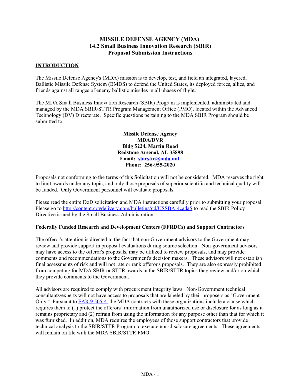 MISSILE DEFENSE AGENCY (MDA) 14.2 Small Business Innovation Research (SBIR) Proposal Submission