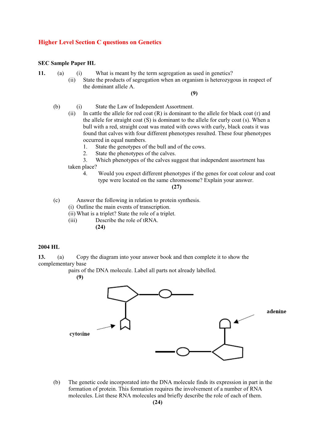 Higher Level Section C Questions on Genetics