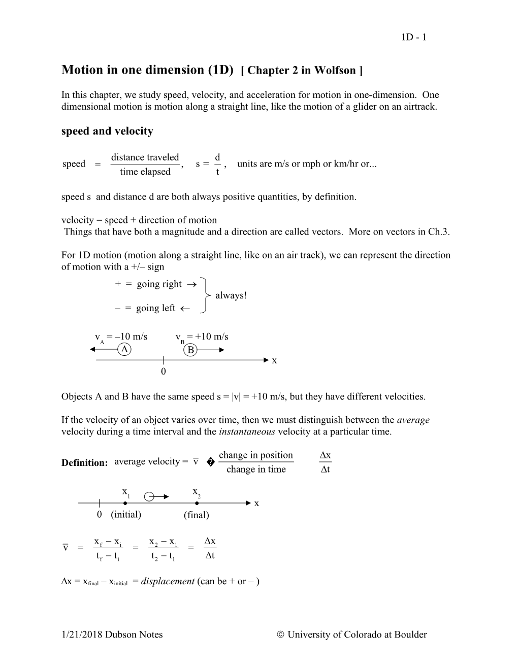 Motion in One Dimension (1D) Chapter 2 in Wolfson