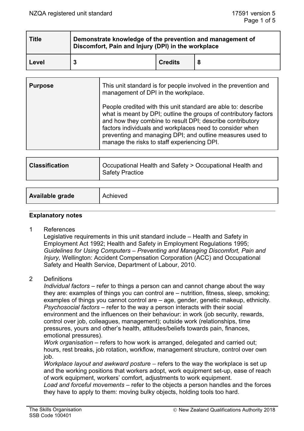 17591 Demonstrate Knowledge of the Prevention and Management of Discomfort, Pain and Injury