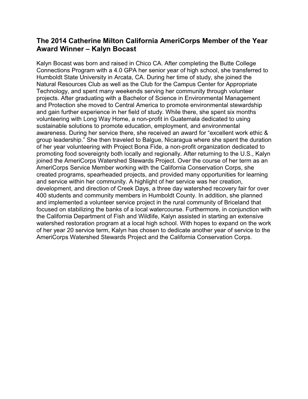 The 2014 Catherine Milton California Americorps Member of the Year Award Winner Kalyn Bocast