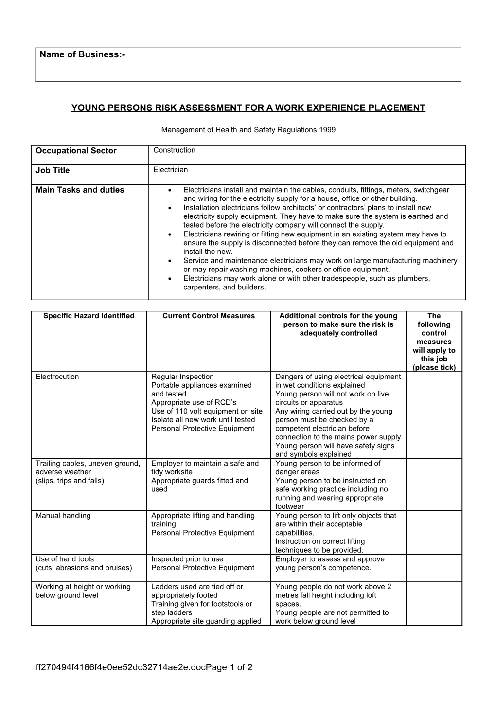 Section 3 - YOUNG PERSONS RISK ASSESSMENT for the STUDENT