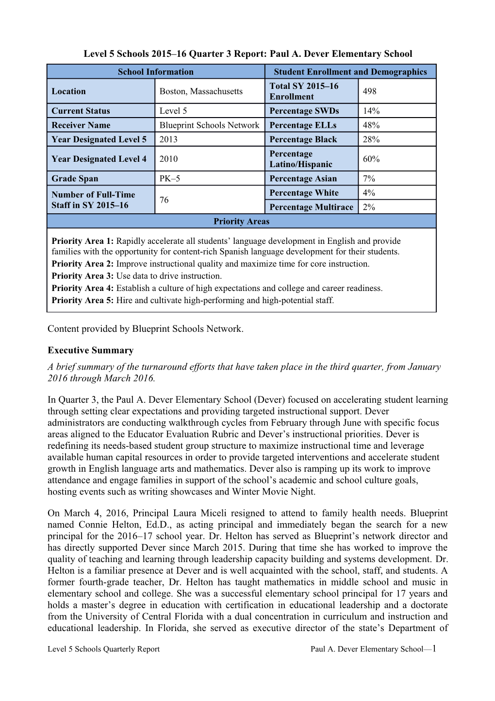 Level 5 Schools 2015 16 Quarter 3 Report: Paul A. Dever Elementary School
