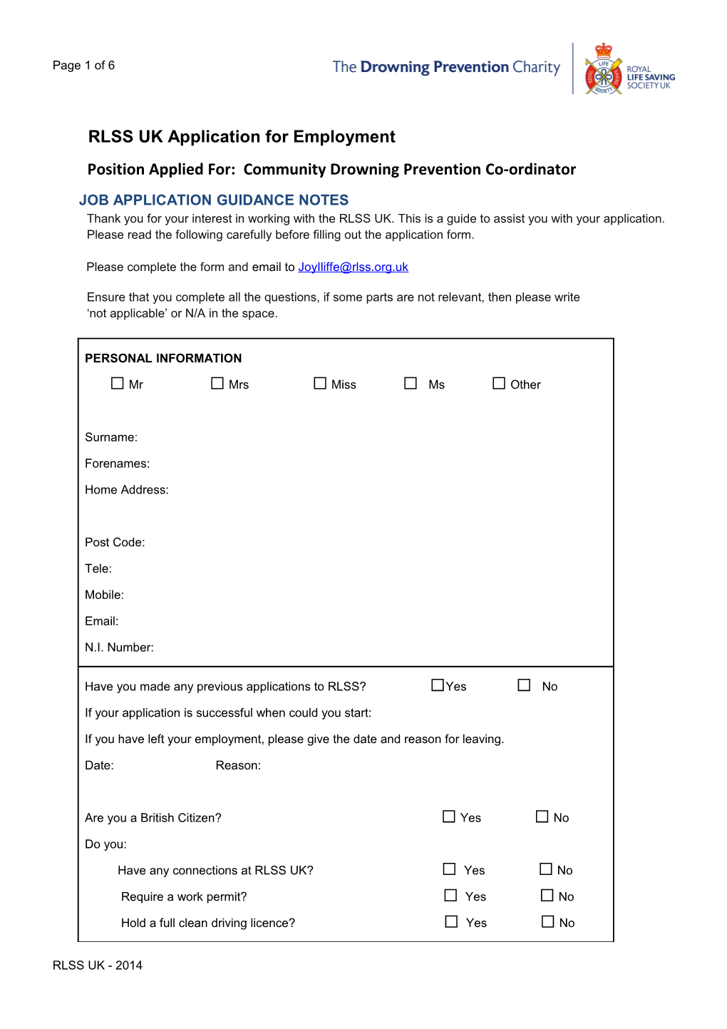 RLSS UK Application for Employment