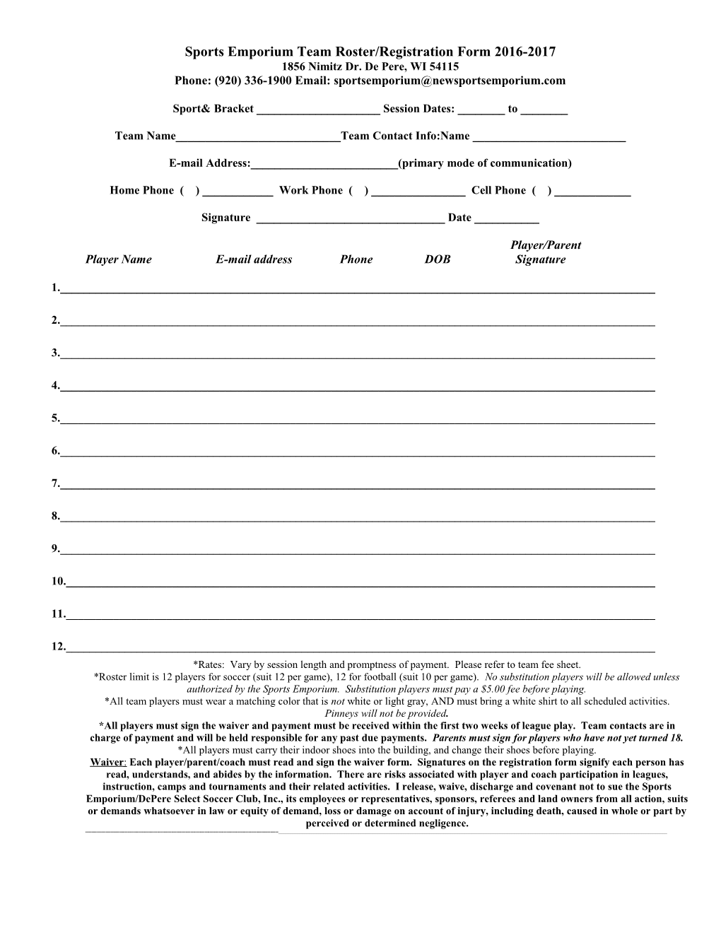 Sports Emporium Team Roster/Registration Form 2016-2017