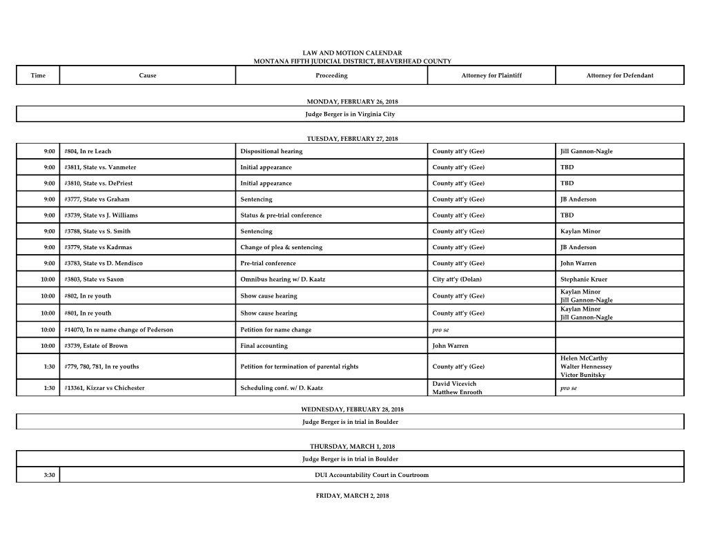 Law and Motion Calendar