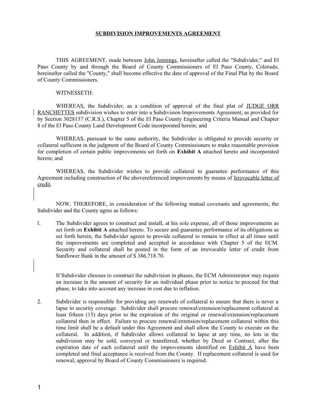 Subdivision Improvements Agreement s2