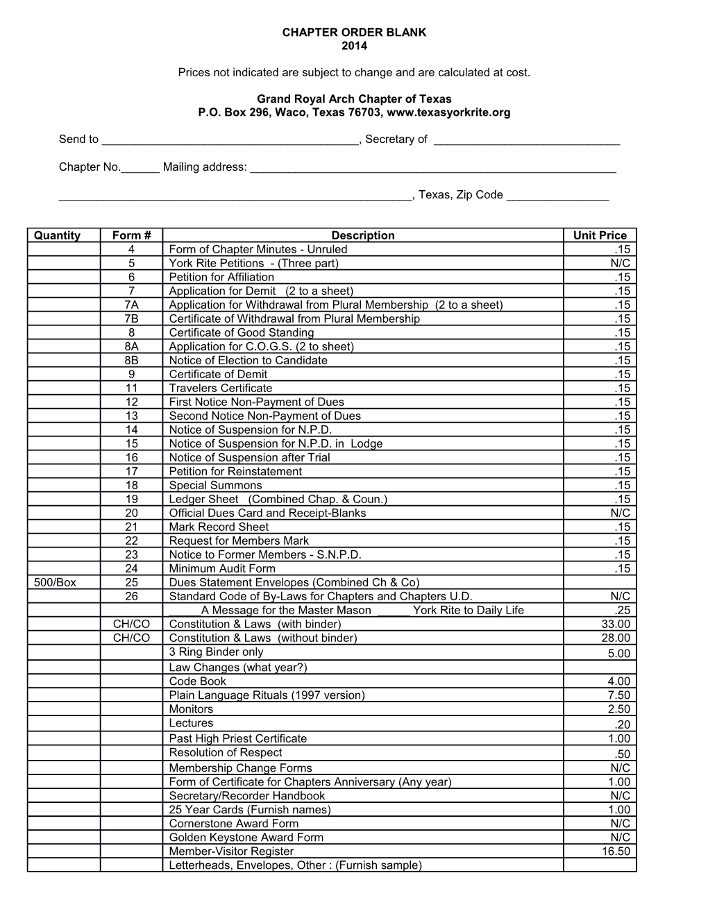 Chapter Order Blank