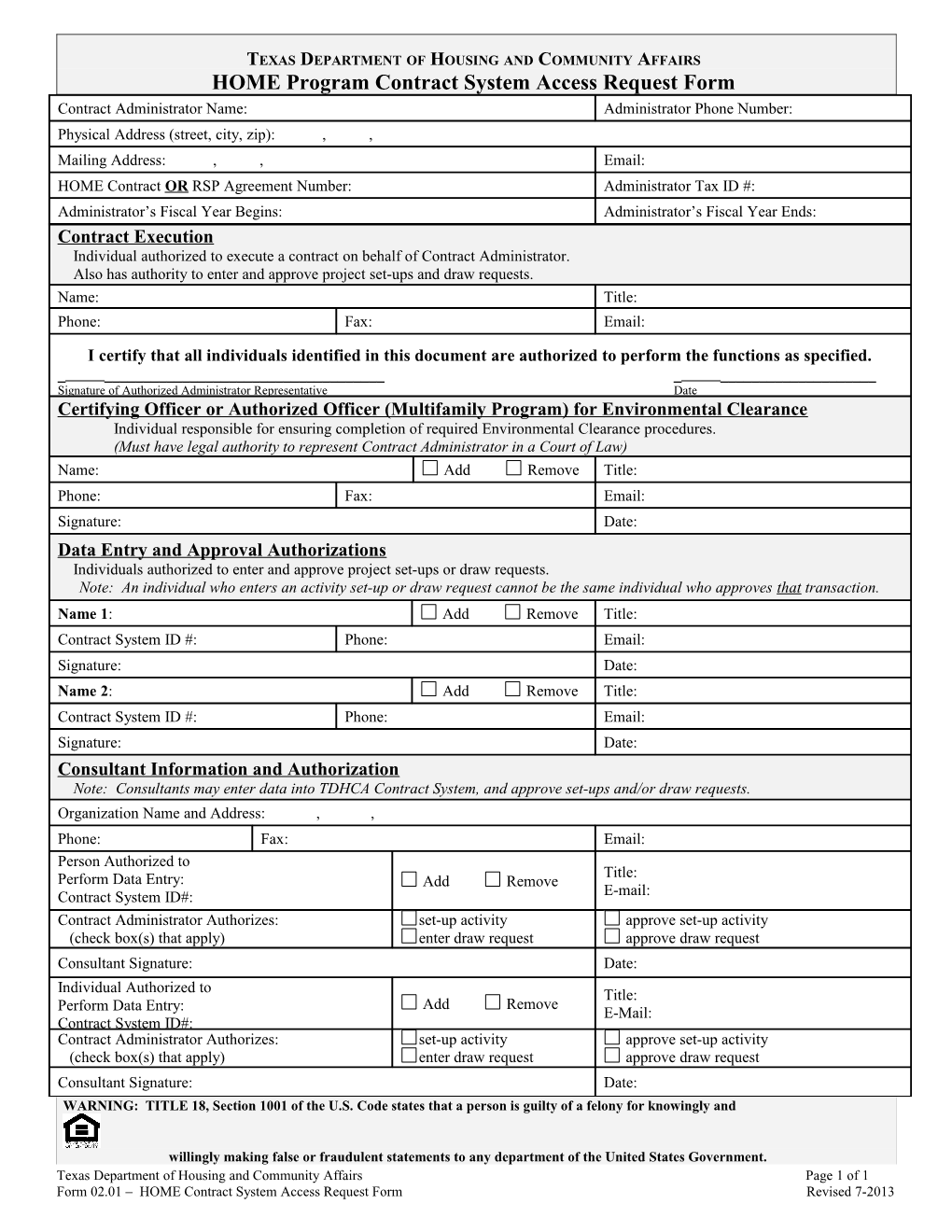 HOME Program Contract System Access Request Form