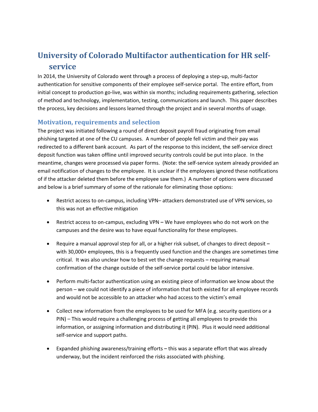 University of Colorado Multifactor Authentication for HR Self-Service