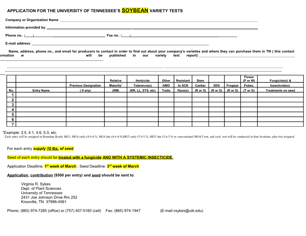 Application for the University of Tennessee S Soybean Variety Tests