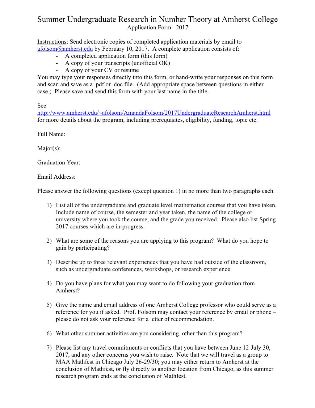 Summer Undergraduate Research in Number Theory at Amherst College