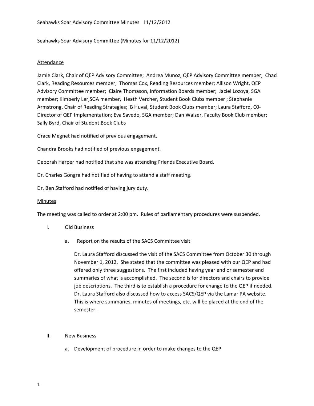 Seahawks Soar Advisory Committee Minutes 11/12/2012