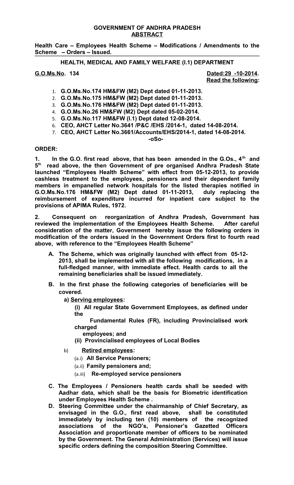 Health Care Employees Health Scheme Modifications / Amendments to the Scheme Orders Issued