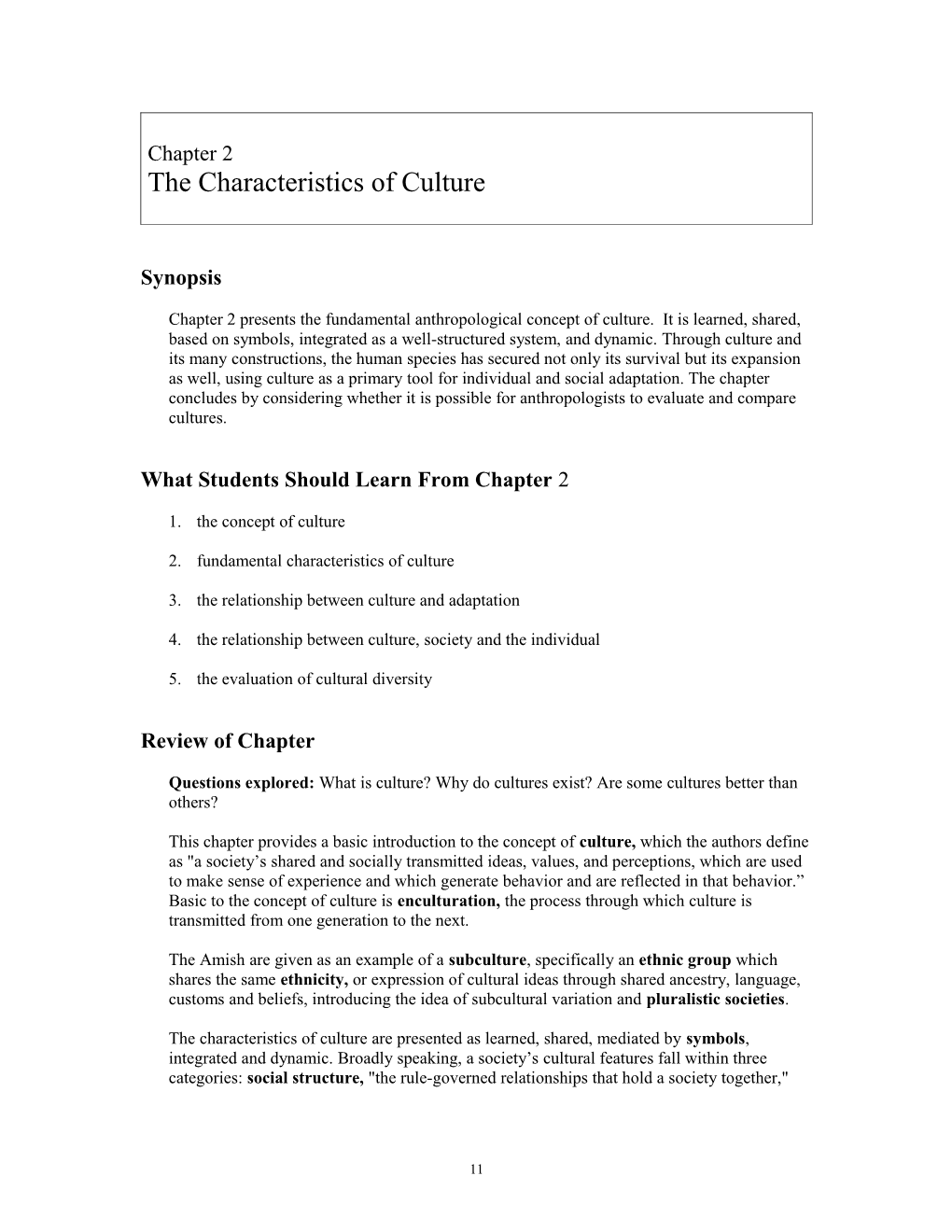 Instructor's Manual Chapter 2: the Nature of Culture