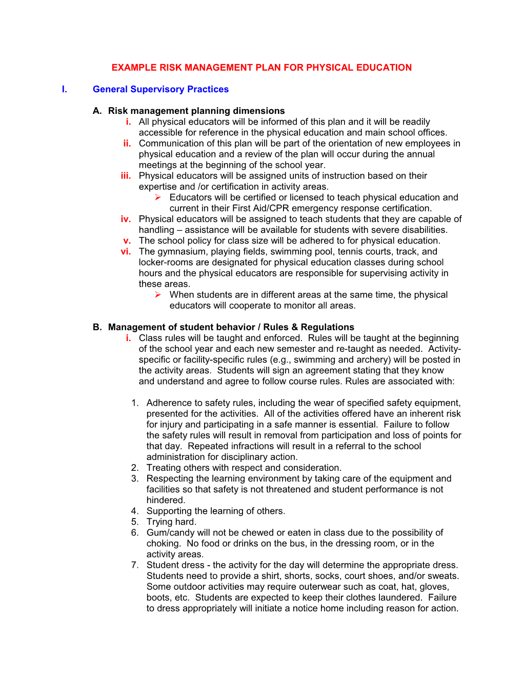 Example Risk Management Plan for Physical Education s1