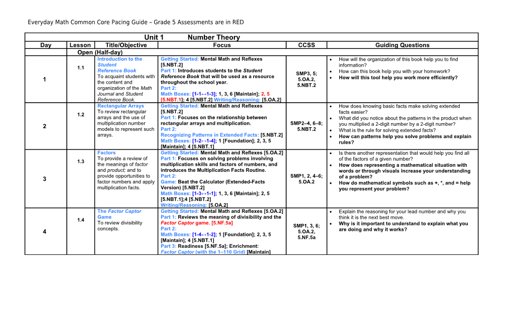 Everyday Math Common Core Pacing Guide Grade 5 Assessments Are in RED