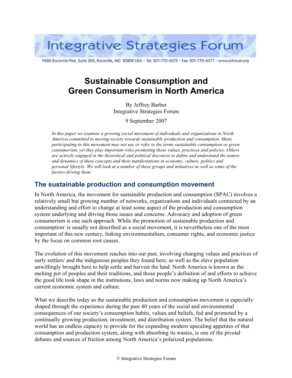 Sustainable Consumption and Green Consumerism in North America