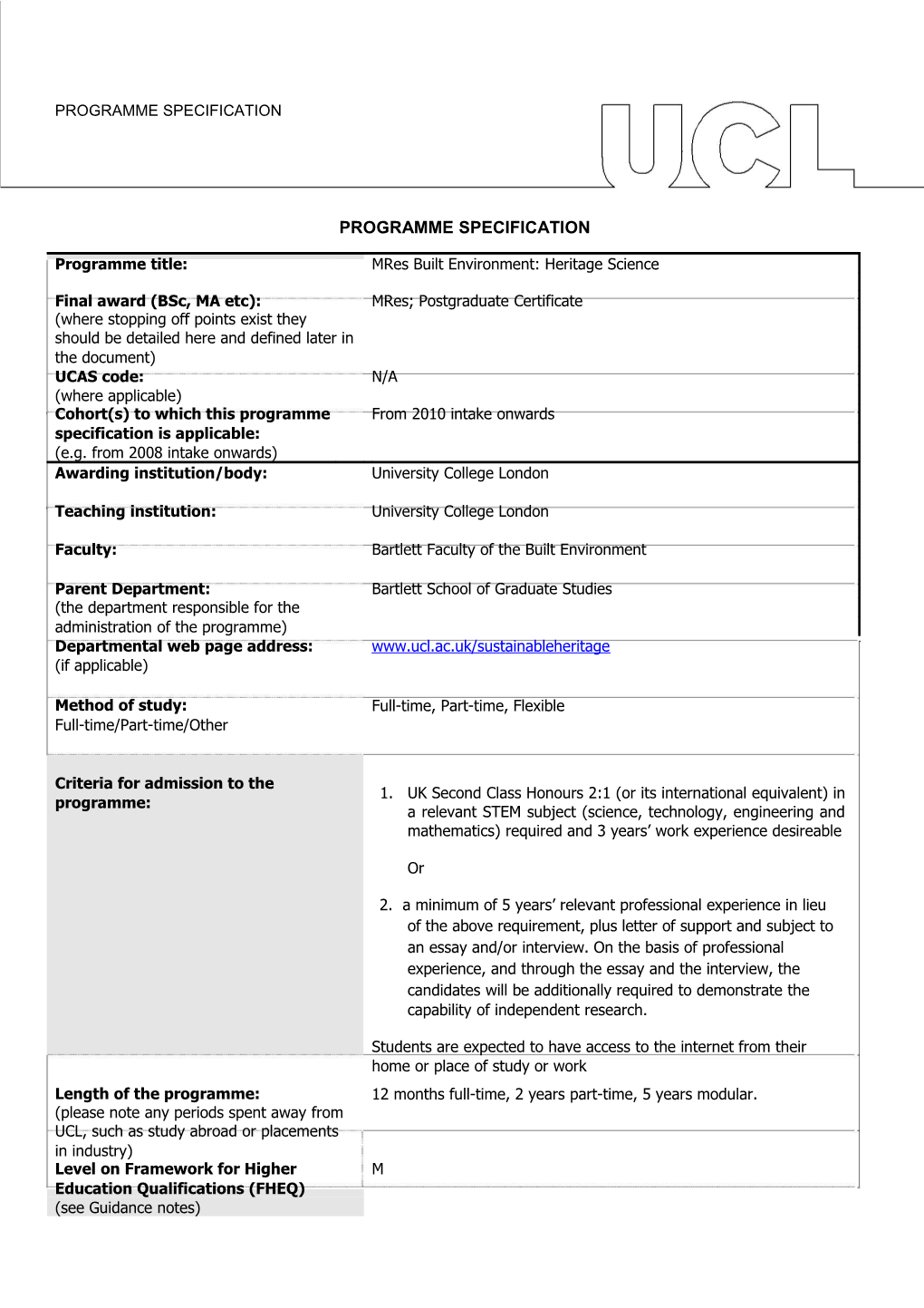 Criteria for Admission to the Programme