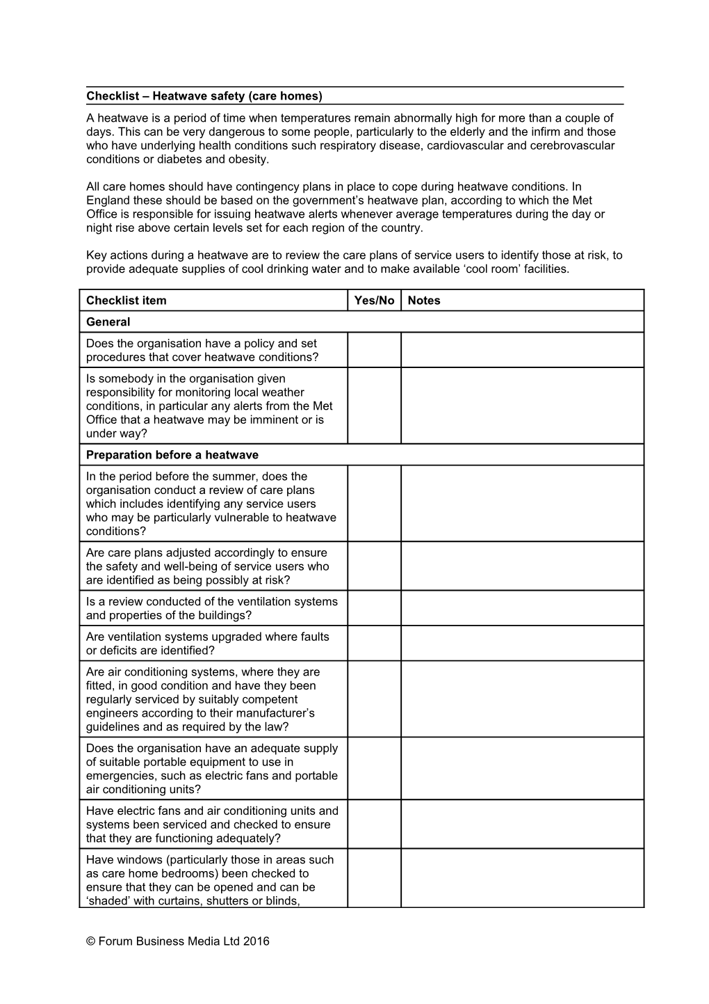 Checklist Heatwave Safety (Care Homes)