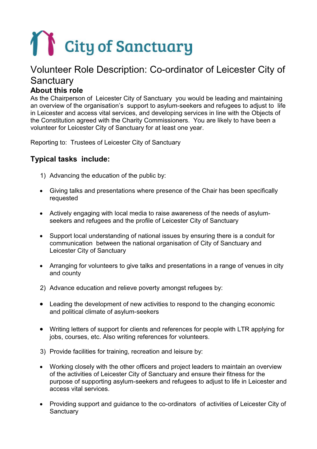 Volunteer Role Description: Co-Ordinator of Leicester City of Sanctuary