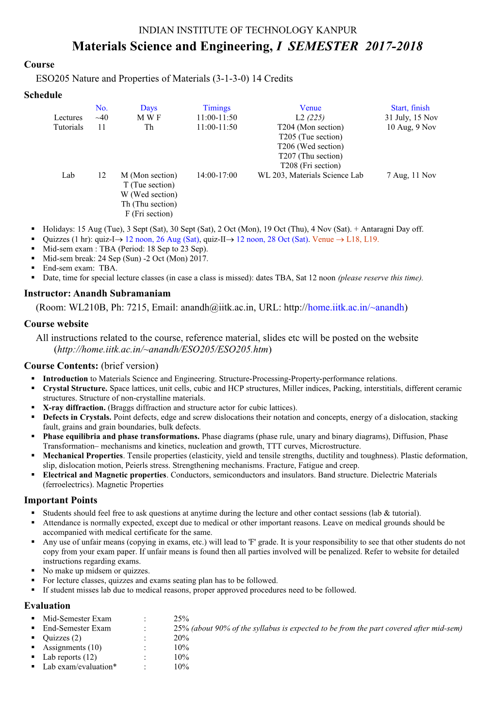 Materials Science and Engineering, I SEMESTER 2017-2018