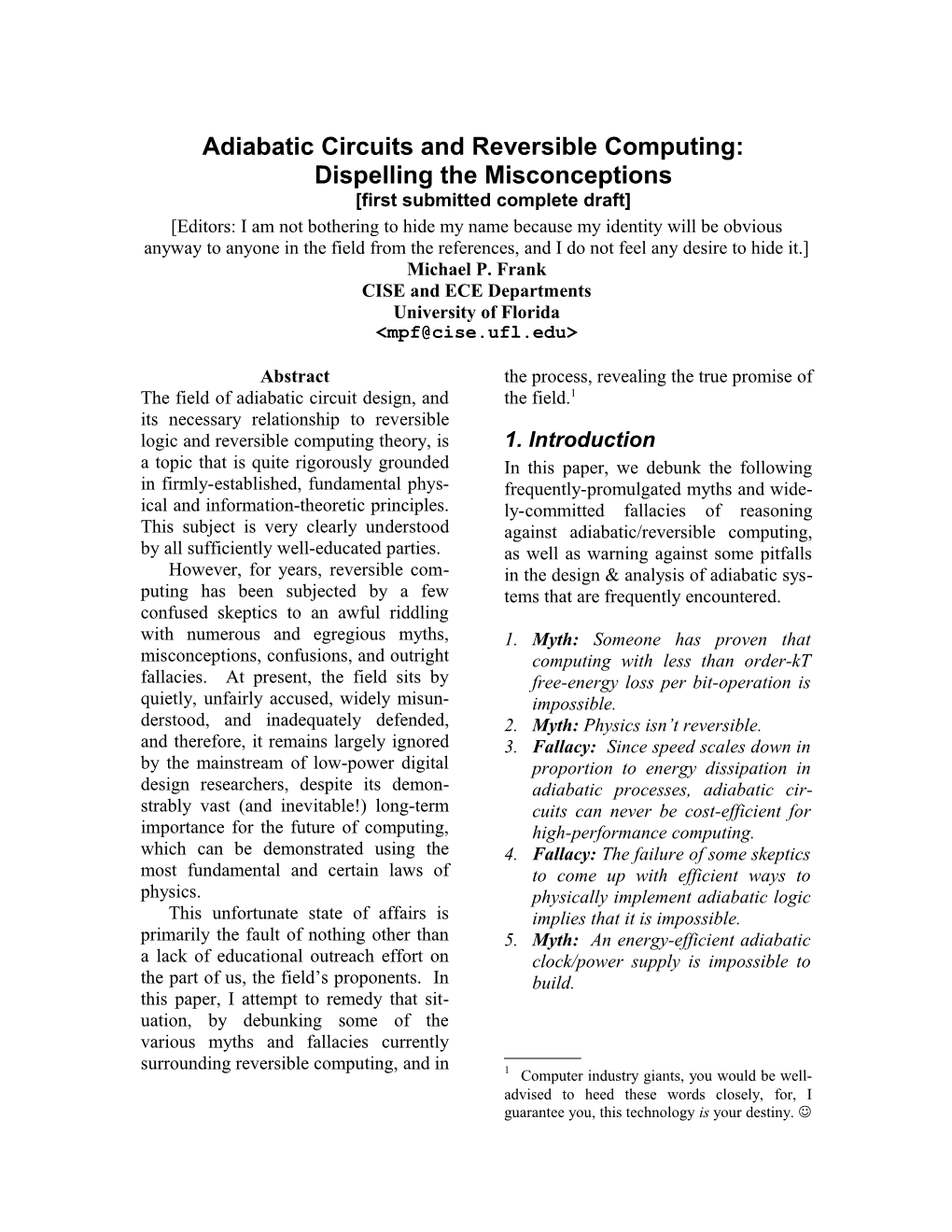 Adiabatic Circuits and Reversible Computing