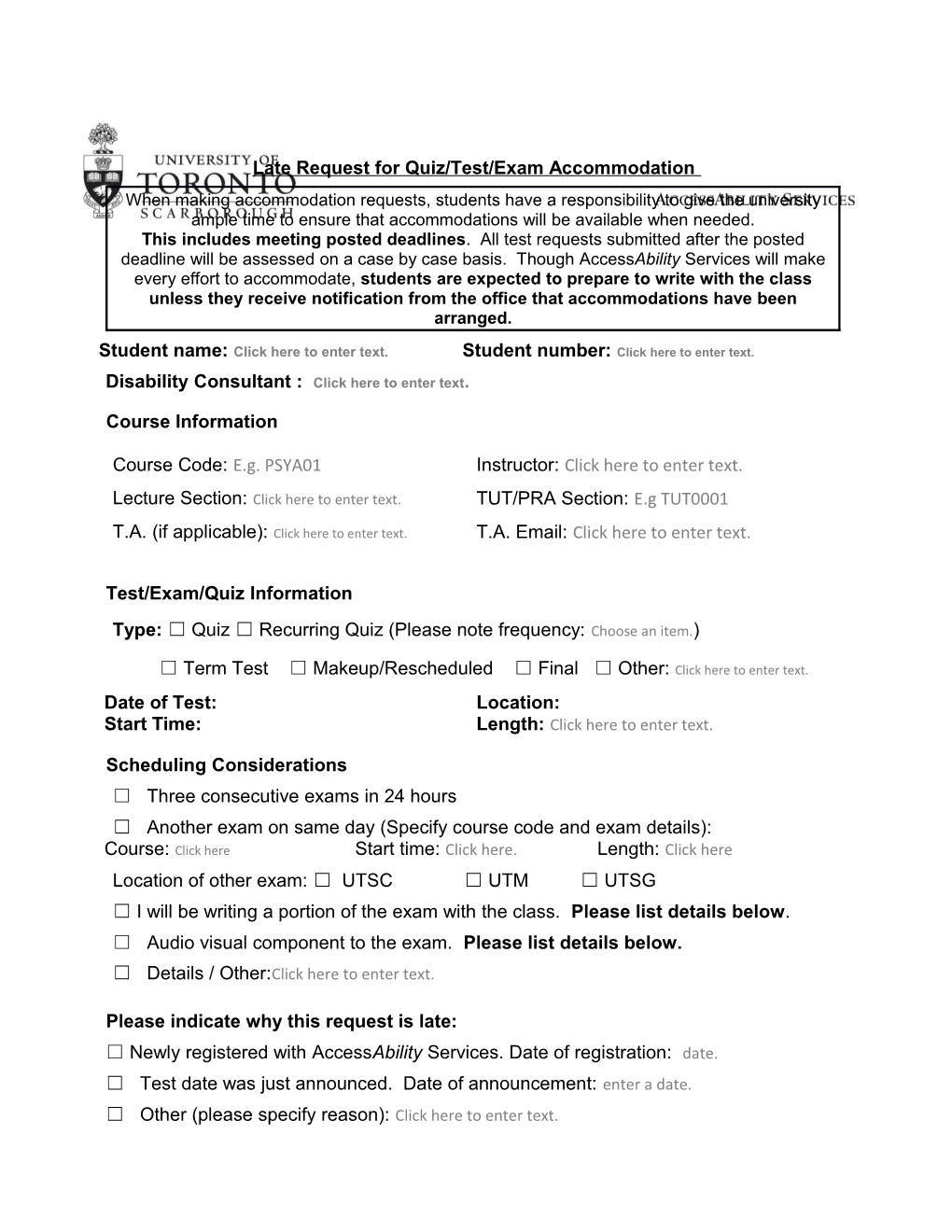 Late Request for Quiz/Test/Exam Accommodation