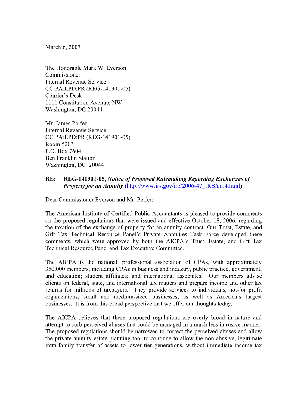 AICPA Comments to IRS on Annuities - March 6, 2007