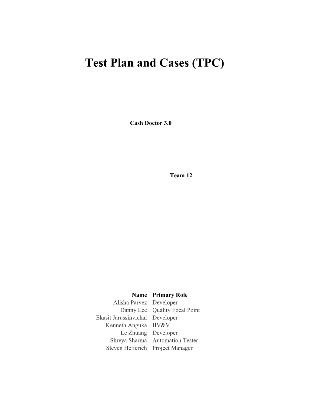 Test Plan and Cases (TPC) s3