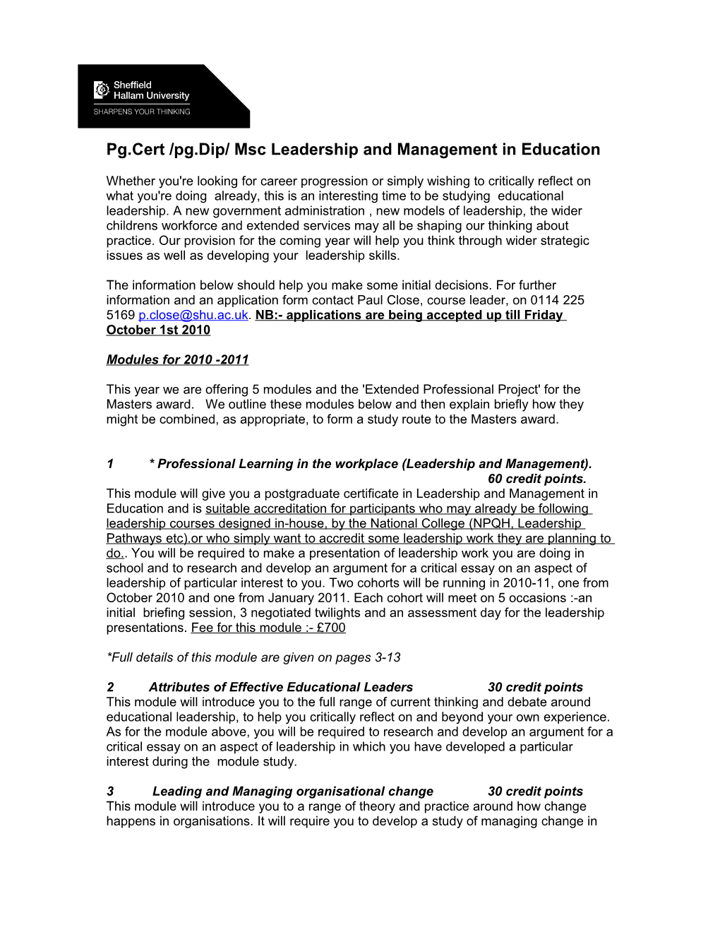 Pg.Cert /Pg.Dip/ Msc Leadership and Management in Education