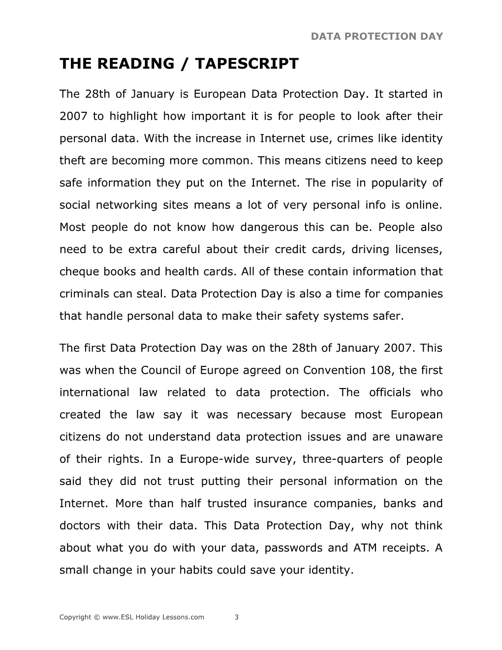 Holiday Lessons - Data Protection Day