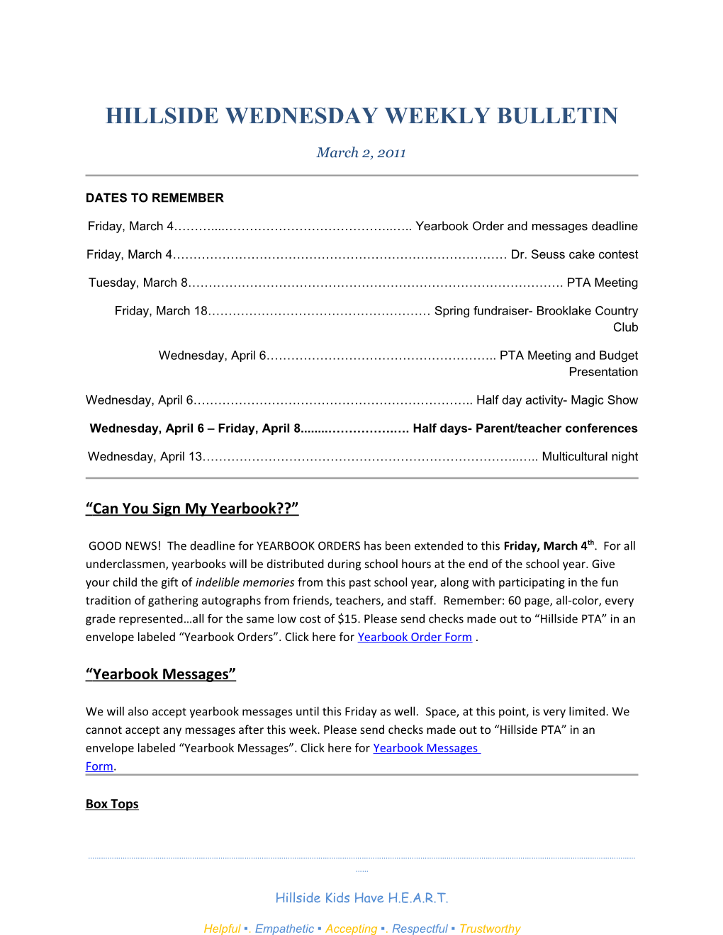 Hillside Wednesday Weekly Bulletin