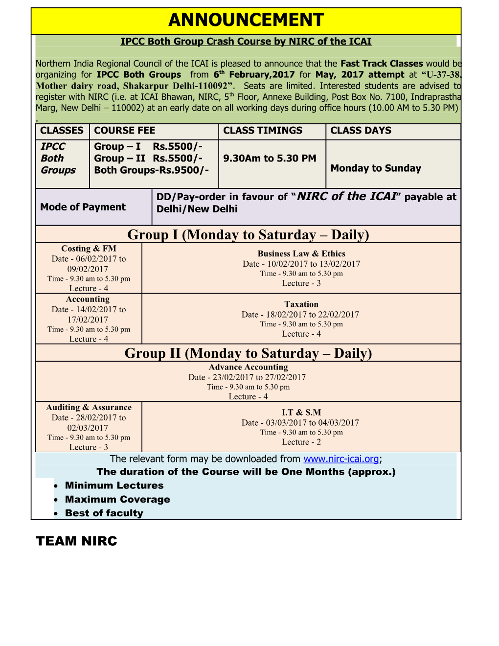 Form of Fast Track Classes for Ipcc Group-I