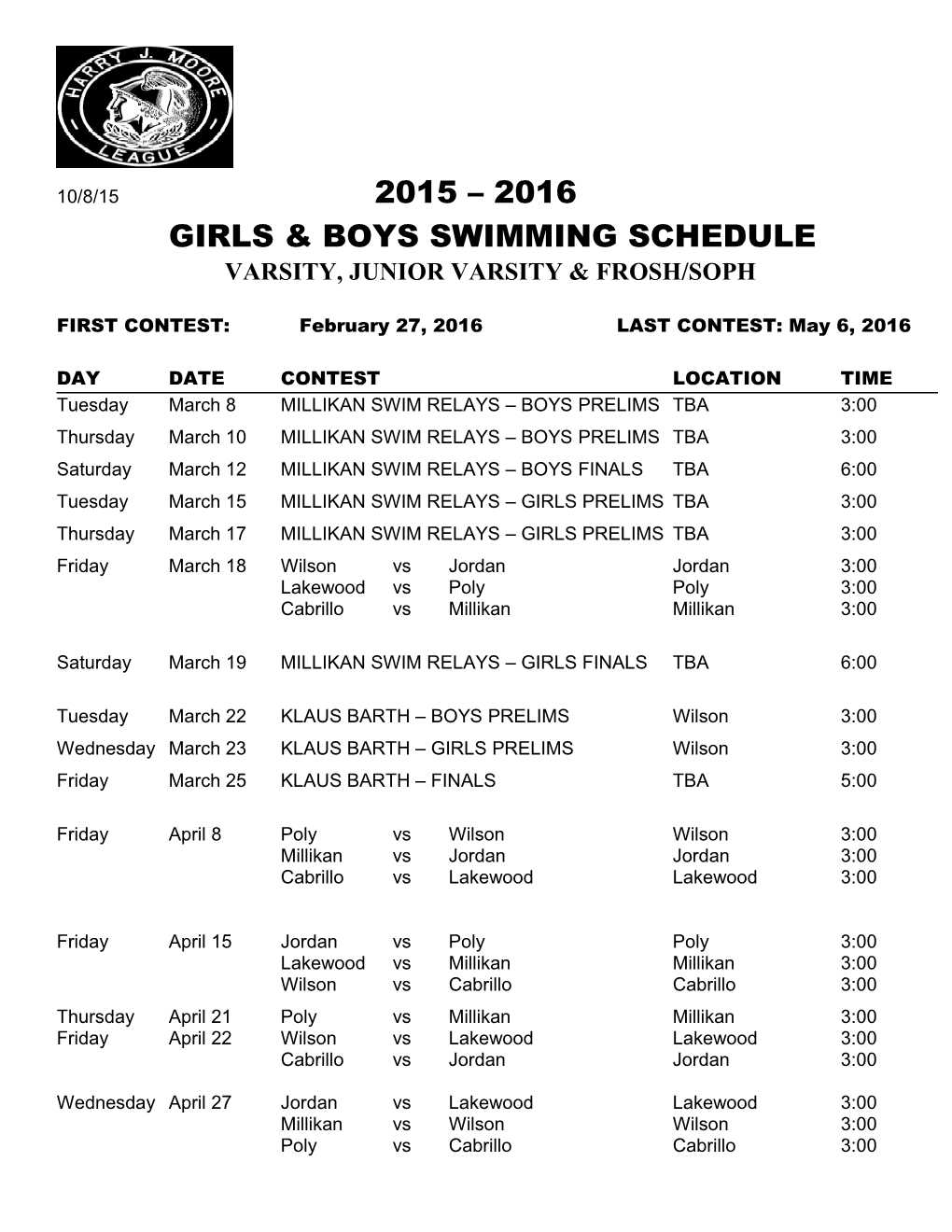 Girls & Boys Swimming Schedule
