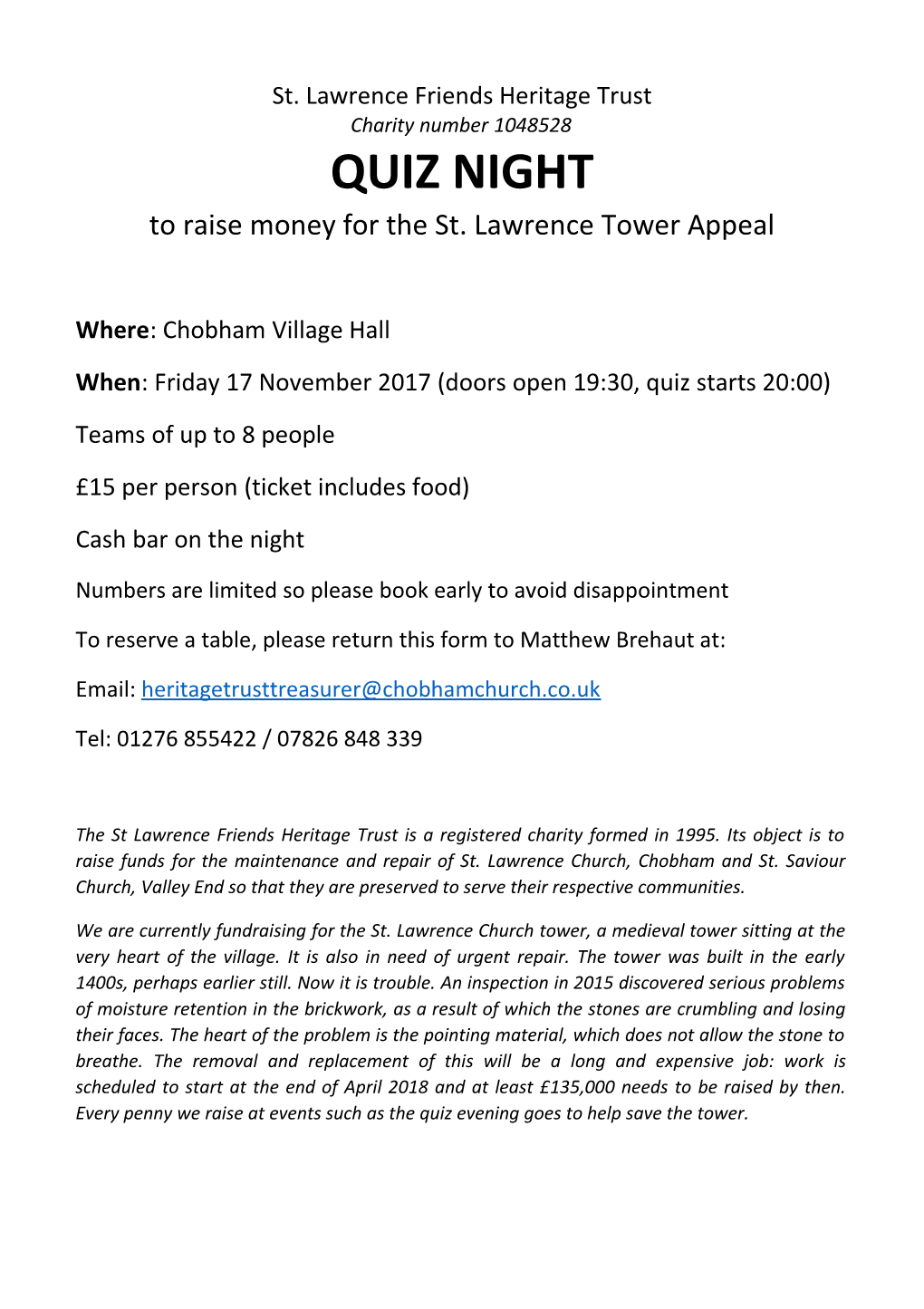 St. Lawrence Friends Heritage Trust Charity Number 1048528