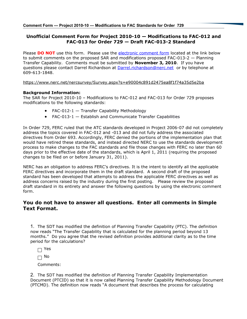 Unofficial Comment Form for Project 2010-10 Modifications to FAC-012 and FAC-013For Order