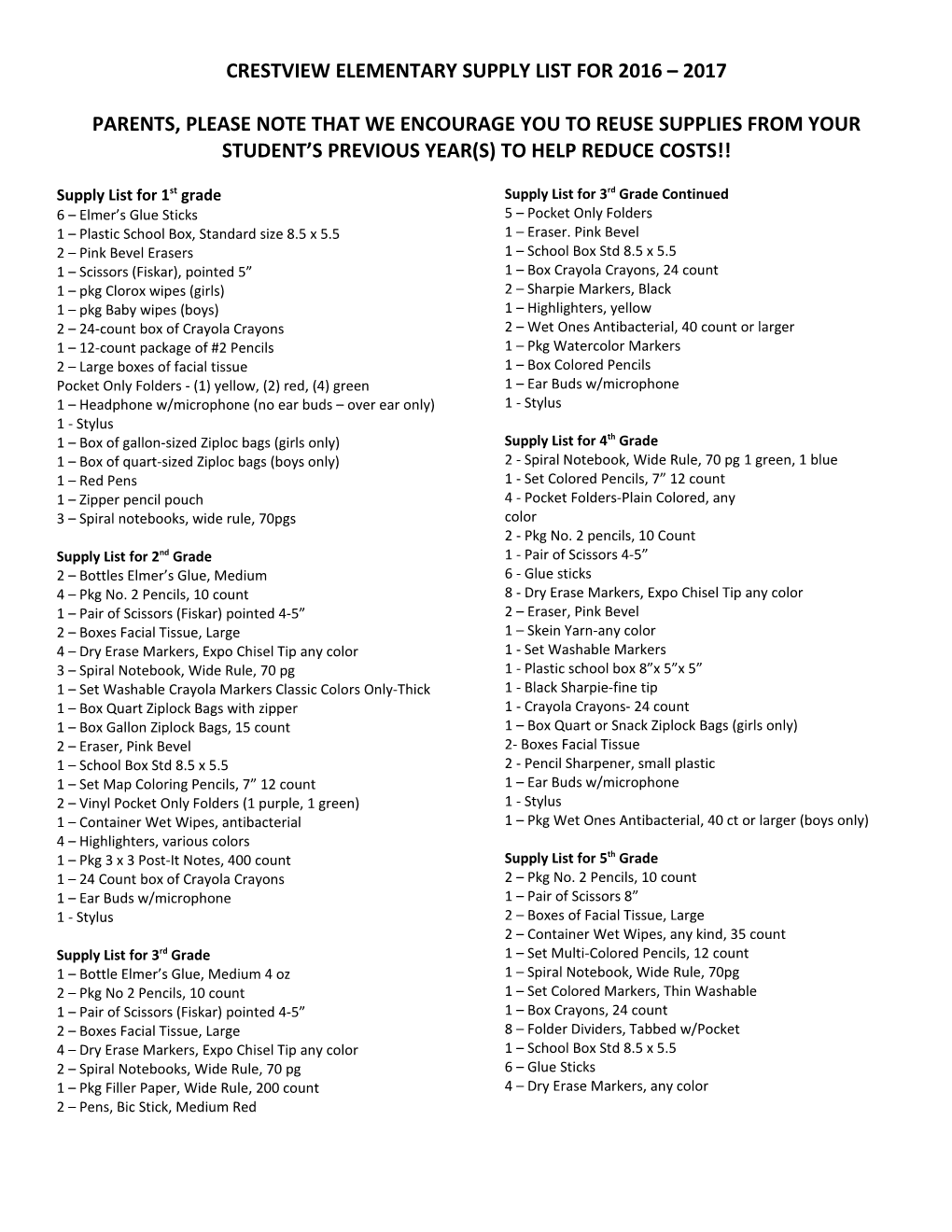 Crestview Elementary Supply List for 2016 2017