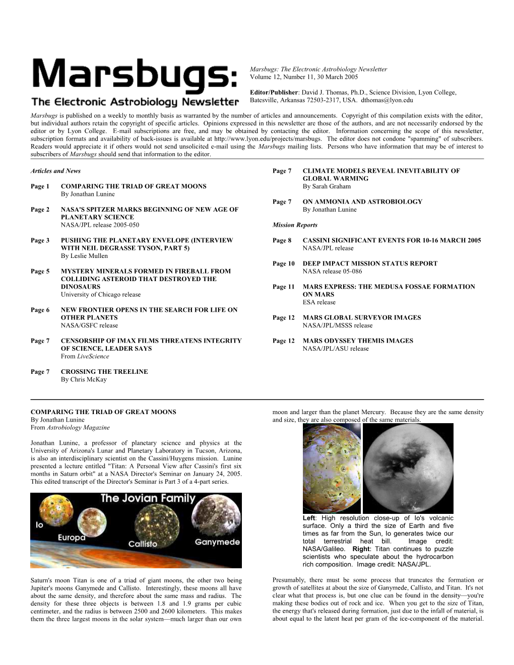 Marsbugs: the Electronic Astrobiology Newsletter , Volume 12, Number 11, 30 March 2005